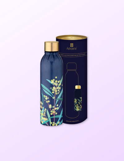 Drink bottle with wattle design sitting next to its cylinder packaging