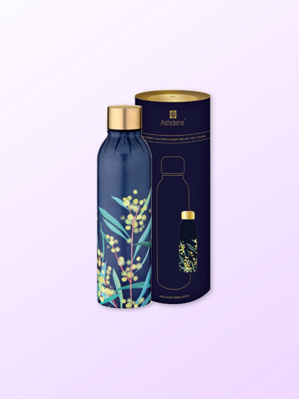 Drink bottle with wattle design sitting next to its cylinder packaging