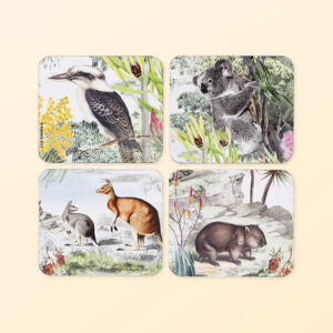 Wildlife Australia set of four coasters showing the four different coasters; Kookaburra, koala, kangaroo and wombat