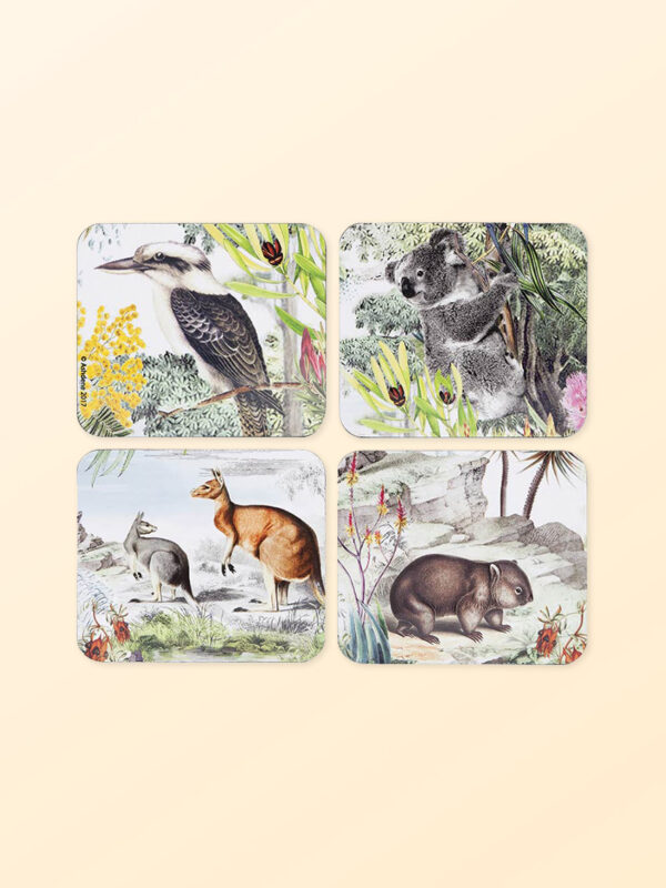 Wildlife Australia set of four coasters showing the four different coasters; Kookaburra, koala, kangaroo and wombat