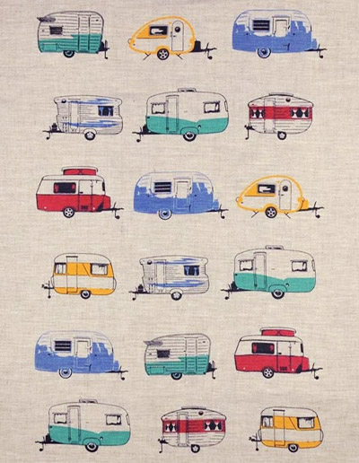Coloured Caravans tea towel