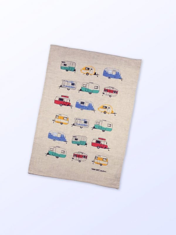 Coloured Caravans tea towel