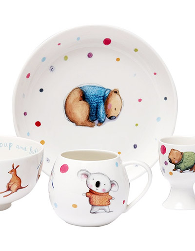 Barney Gumnut dining set with plate, bowl, mug & egg cup