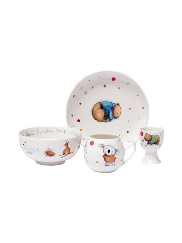 Barney Gumnut dining set with plate, bowl, mug & egg cup