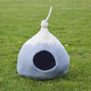 Felt cat cave light blue pod shape