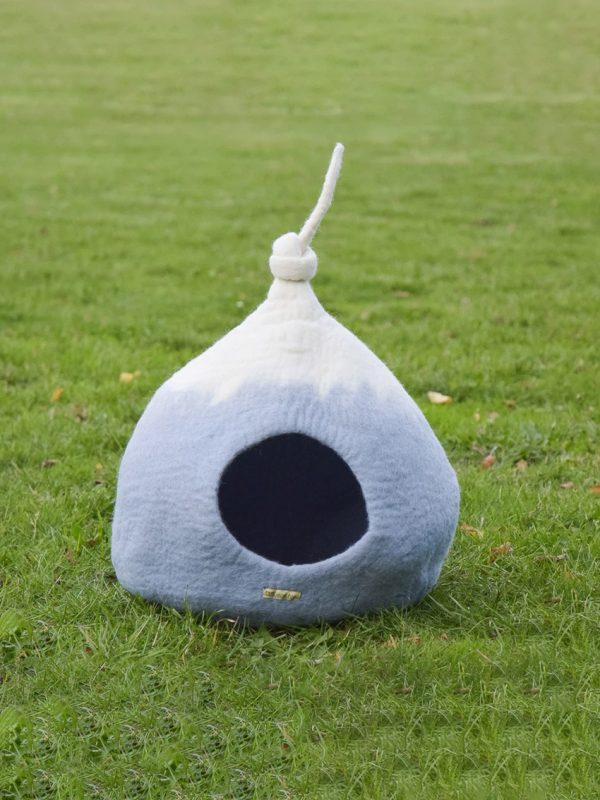 Felt cat cave light blue pod shape