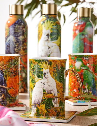 Black Cockatoo, Sulphur Crested Cockatoo and King parrot drink bottles and mugs