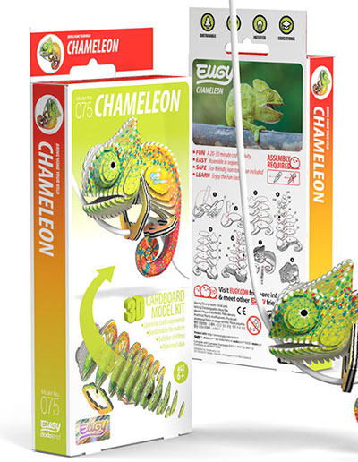 A cardboard Chameleon Eugy kit and instructional box.
