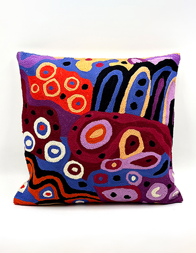 Hand embroidered aboriginal art cushion