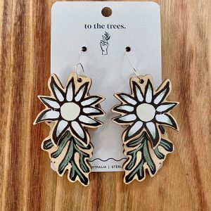 Flannel Flower earrings Double Dangles presented on packaging card