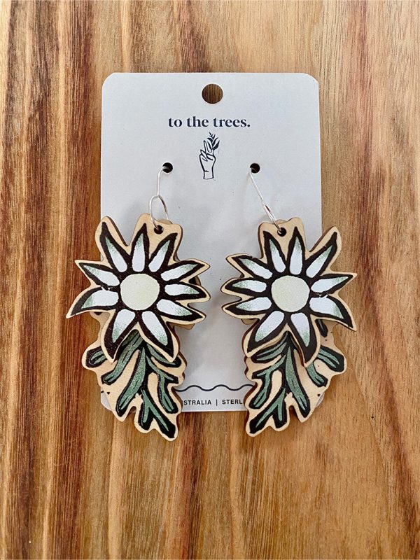 Flannel Flower earrings Double Dangles presented on packaging card