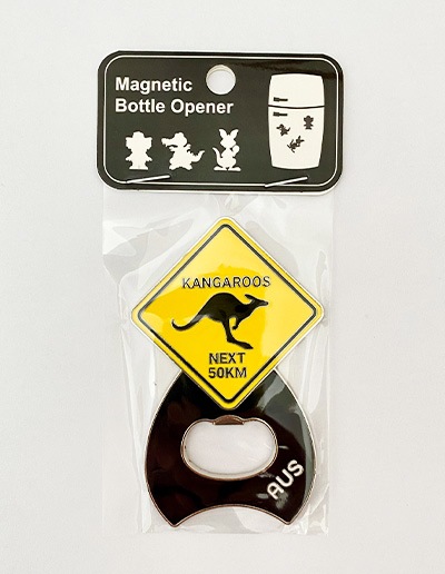 Kangaroo Road Sign metal magnet bottle opener in packaging