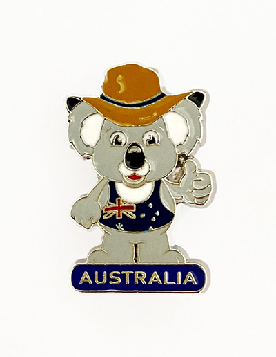 Koala with a hat and his thumb up with the word Australia pin