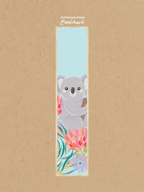 Koala and Australian flora wooden bookmark with light blue background