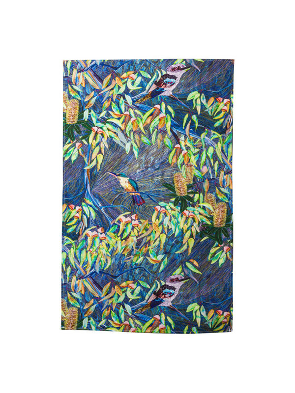 Aus made Kookaburra print tea towel