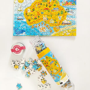 Mini art puzzle 150 piece - Australian Map. Showing tube packaging and completed puzzle.