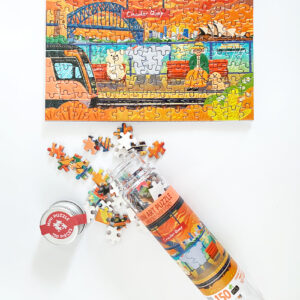 Mini art puzzle 150 piece - Circular Quay. Showing tube packaging and completed puzzle.
